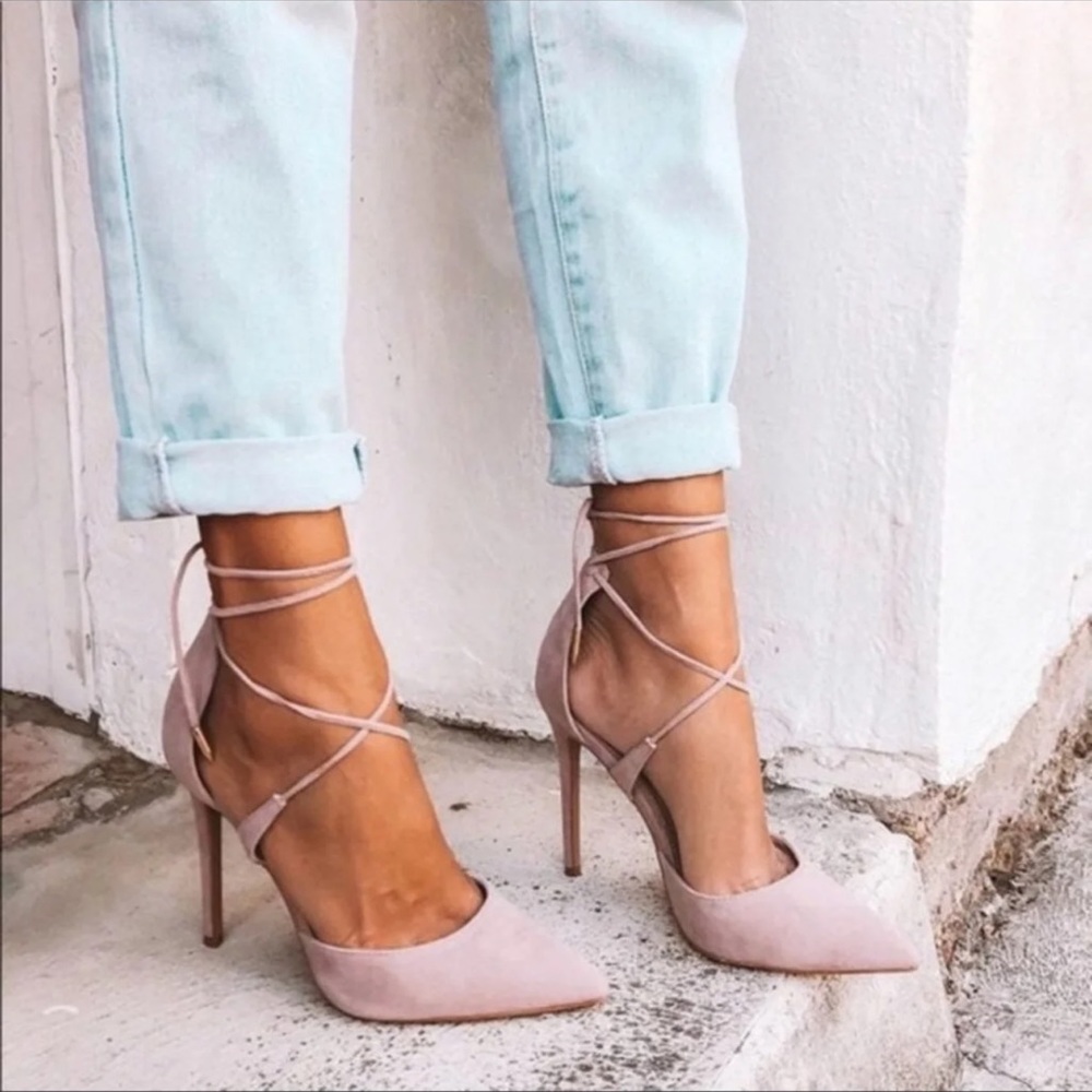 Lulu’s Michele Dusty Rose Lace Up Pointy Toe Heels Size 8